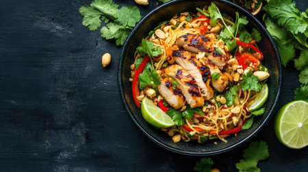 Top view of a Thai noodle dish with grilled chicken, fresh vegetables, and peanuts, garnished with cilantro and lime slices.の素材