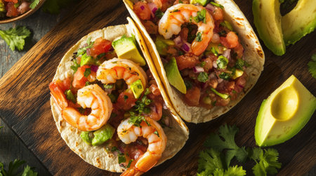 Top view of a vibrant grilled shrimp taco with fresh salsa, avocado slices, and a sprinkle of cilantro, on a rustic wooden board.の素材