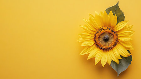 Top view of a sunflower with a clean background, providing ample room on one side for copy or branding.の素材