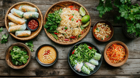Top view of a vibrant Thai spread featuring Pad Thai, green curry, and fresh spring rolls with dipping sauces, arranged on a wooden table.の素材