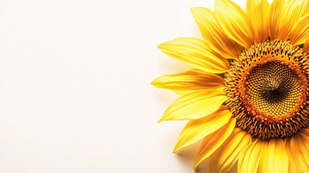 Top view of a sunflower with a clean, bright background, creating ample space on the right side for text or branding.の素材