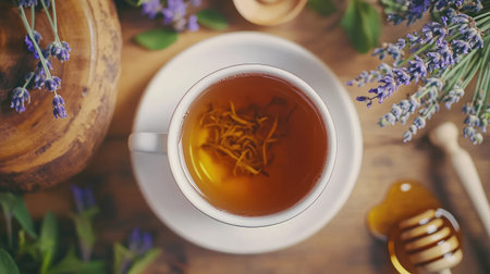 Top view of a tea cup with loose leaf tea, surrounded by fresh herbs, lavender sprigs, and honey, creating a rustic, natural atmosphere.の素材