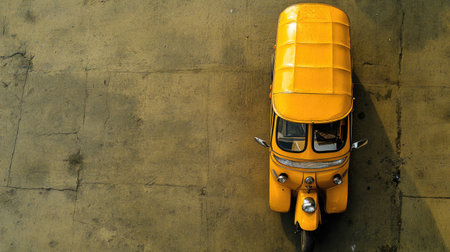 Top view of a tuk tuk with its distinctive features, set against a neutral background, creating ample space for copy or logos.の素材