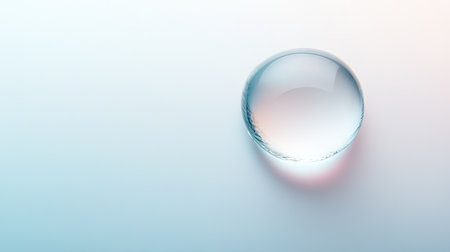Top view of a water drop with a light gradient background, leaving a large area of blank space for copy or branding.の素材