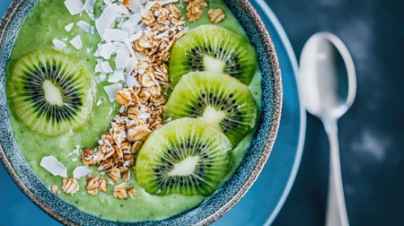 Top view of a vibrant smoothie bowl topped with granola, kiwi slices, and shredded coconut, placed on a blue ceramic plate with a spoon beside it.の素材