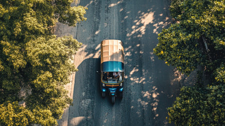 Top view of a tuk tuk with a clean urban background, leaving ample space on one side for copy or product placement.の素材