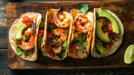 Top view of a vibrant grilled shrimp taco with fresh salsa, avocado slices, and a sprinkle of cilantro, on a rustic wooden board.の素材