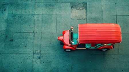 Top view of a tuk tuk with a clean urban background, leaving ample space on one side for copy or product placement.の素材