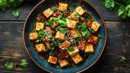 Top view of a vibrant dish featuring bitter gourd stir-fried with tofu, garnished with sesame seeds and herbs on a dark wooden surface.の素材