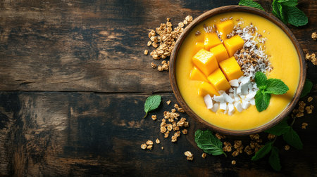 Top view of a tropical smoothie bowl with papaya, mango, and coconut flakes, placed on a rustic wooden table with scattered granola and mint leaves.の素材