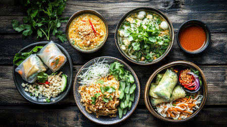 Top view of a vibrant Thai spread featuring Pad Thai, green curry, and fresh spring rolls with dipping sauces, arranged on a wooden table.の素材