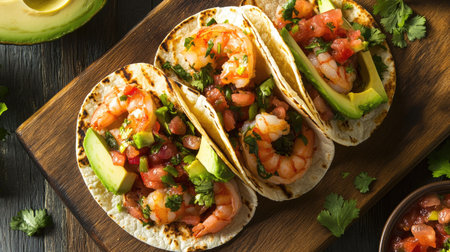 Top view of a vibrant grilled shrimp taco with fresh salsa, avocado slices, and a sprinkle of cilantro, on a rustic wooden board.の素材