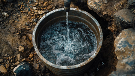 Top view of an industrial-style outdoor tap with water flowing into a metal bucket, surrounded by dry earth and rocks in a rural setting.の素材