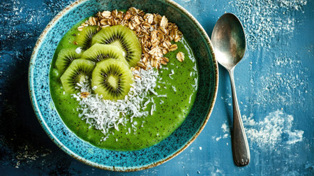 Top view of a vibrant smoothie bowl topped with granola, kiwi slices, and shredded coconut, placed on a blue ceramic plate with a spoon beside it.の素材