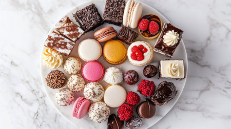 Top view of an elegant dessert platter featuring an assortment of pastries, macarons, and mini cakes, arranged on a white marble surface. -の素材