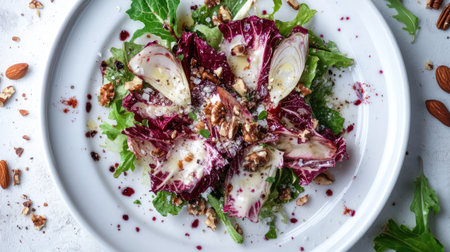 Top view of a vibrant salad made with bitter greens, radicchio, and endive, garnished with nuts and vinaigrette on a white plate.の素材
