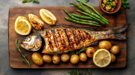 Top view of a whole grilled fish, arranged with roasted baby potatoes, green beans, and lemon wedges on a wooden serving boardの素材