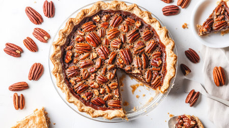 Top-down view of a classic pecan pie with a glossy caramel topping, surrounded by pecans and a slice of pie on a white table.の素材