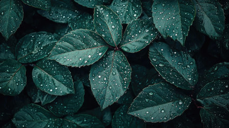 Top view of rain-soaked leaves with droplets glistening in the light, leaving the upper portion of the image open for copy or logos.の素材