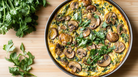 TTop-down view of a mushroom and cheese stuffed chicken breast, garnished with fresh herbs and served on a white plate.の素材