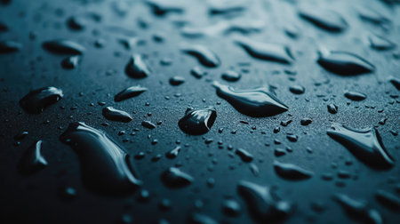 Top view of water droplets on a flat surface with soft focus, leaving plenty of room on one side for text or branding.の素材