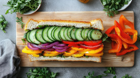 Top-down view of a colorful veggie sandwich with hummus, cucumbers, and bell peppers, placed on a wooden cutting board.の素材