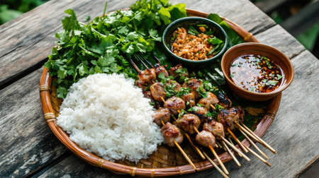 Traditional Thai barbecue skewers with a side of sticky rice, spicy dipping sauce, and fresh herbs on a wooden table.の素材