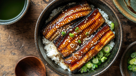 Top-down view of unagi donburi (grilled eel rice bowl) with soy-glazed eel fillets, sesame seeds, and sliced green onions, next to a cup of green tea.の素材