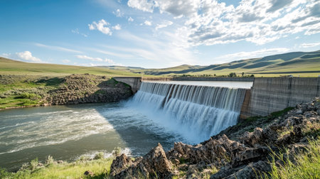 Wide view of a dam with cascading water and blank sky above for copy space. The surrounding hills create a scenic background.の素材
