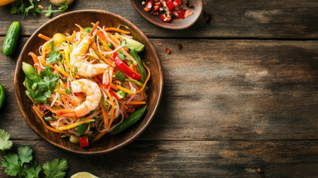 Top view of Som Tum papaya salad with fresh shrimp and vegetables, placed on a wooden table with clear space for textの素材