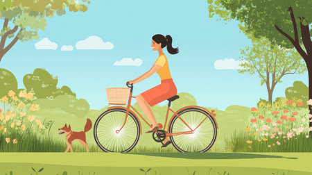 Woman riding a bike with a dog in the basket, with blank space for copy in the park.の素材