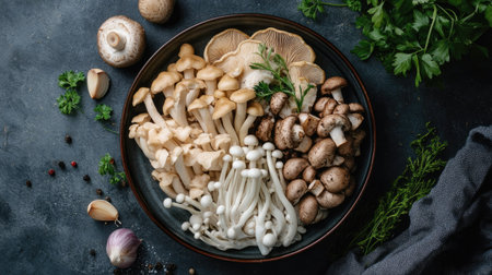 Top-down view of a bowl of mixed mushrooms including oyster, enoki, and maitake, arranged with garlic cloves and herbs.の素材