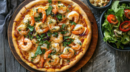 Top-down view of a seafood pizza topped with shrimp, calamari, and fresh herbs, set on a rustic wooden surface with a side salad.の素材