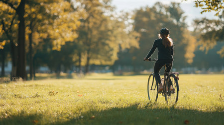 Woman riding a bicycle through a park, with an expansive grassy field perfect for text.の素材