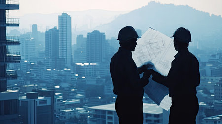 Two engineers reviewing a blueprint with a large industrial backdrop and space for copy.の素材