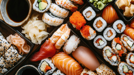 Top-down view of a sushi platter with a variety of rolls, nigiri, and sashimi, accompanied by soy sauce, wasabi, and pickled ginger.の素材