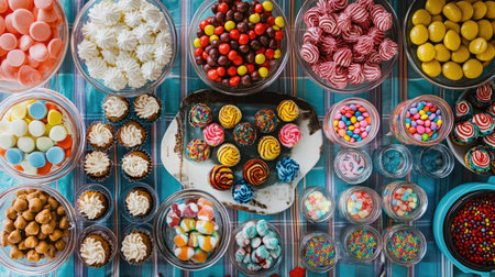 Top-down view of a candy-themed dessert table with an array of colorful sweets, including cupcakes and candy jars.の素材