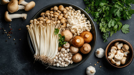Top-down view of a bowl of mixed mushrooms including oyster, enoki, and maitake, arranged with garlic cloves and herbs.の素材