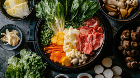 Top-down view of a Shabu-Shabu meal featuring an array of ingredients like mushrooms, beef, and leafy greens, with a bubbling hot pot.の素材