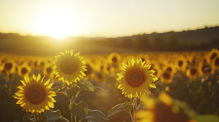Wide shot of a sunflower field with a bright sun setting in the distance, providing plenty of blank space on the left for text or logos.の素材