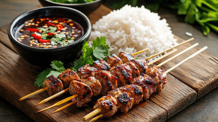 Traditional Thai barbecue skewers with a side of sticky rice, spicy dipping sauce, and fresh herbs on a wooden table.の素材