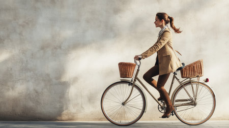 Woman riding a vintage bicycle with a basket, with a blank wall behind her for text.の素材