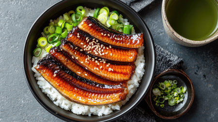 Top-down view of unagi donburi (grilled eel rice bowl) with soy-glazed eel fillets, sesame seeds, and sliced green onions, next to a cup of green tea.の素材