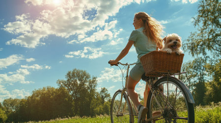 Woman riding a bike with a dog in the basket, with blank space for copy in the park.の素材