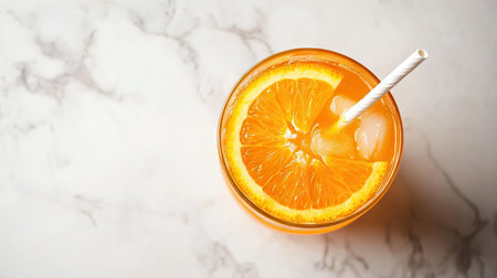 Top-down view of a refreshing orange juice cocktail with a slice of orange and a straw, served on a marble countertop.の素材