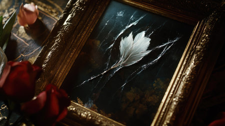 Stunning framed painting featuring an intricate leaf design against a dark backdrop, ideal for adding elegance and detail to any space or decor style.の素材