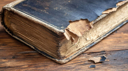 Close-up of a vintage damaged book with a worn cover, revealing intricate textures and details on a rustic wooden surface. An artistic representation of history.の素材