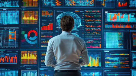 A professional views diverse data visualizations in a modern office, contemplating strategic data-driven decisions while surrounded by metrics and analytics.の素材