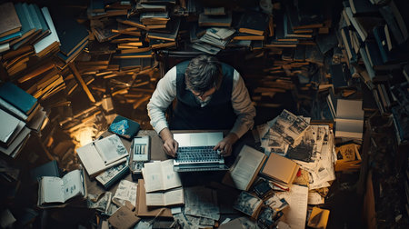 A focused writer types diligently on a laptop, enveloped by stacks of books and scattered notes, capturing the essence of a creative workspace filled with inspiration.の素材