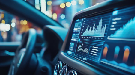 A marketing team utilizes a digital dashboard for data analysis. The focus is on statistics and graphs displayed on the screen, highlighting trends and insights.の素材